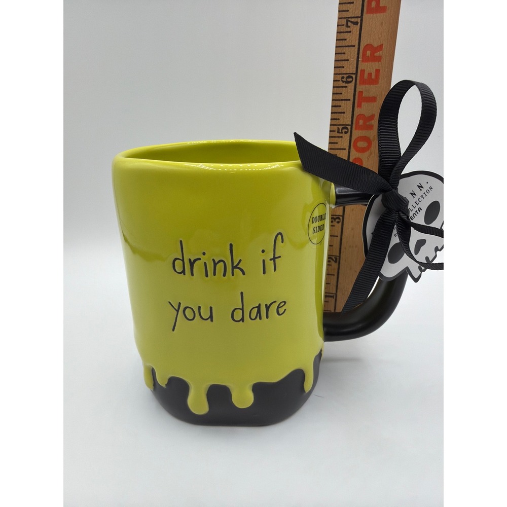 Rae Dunn Drink If You Dare Halloween Mug Green Black Slime Drip Double Sided